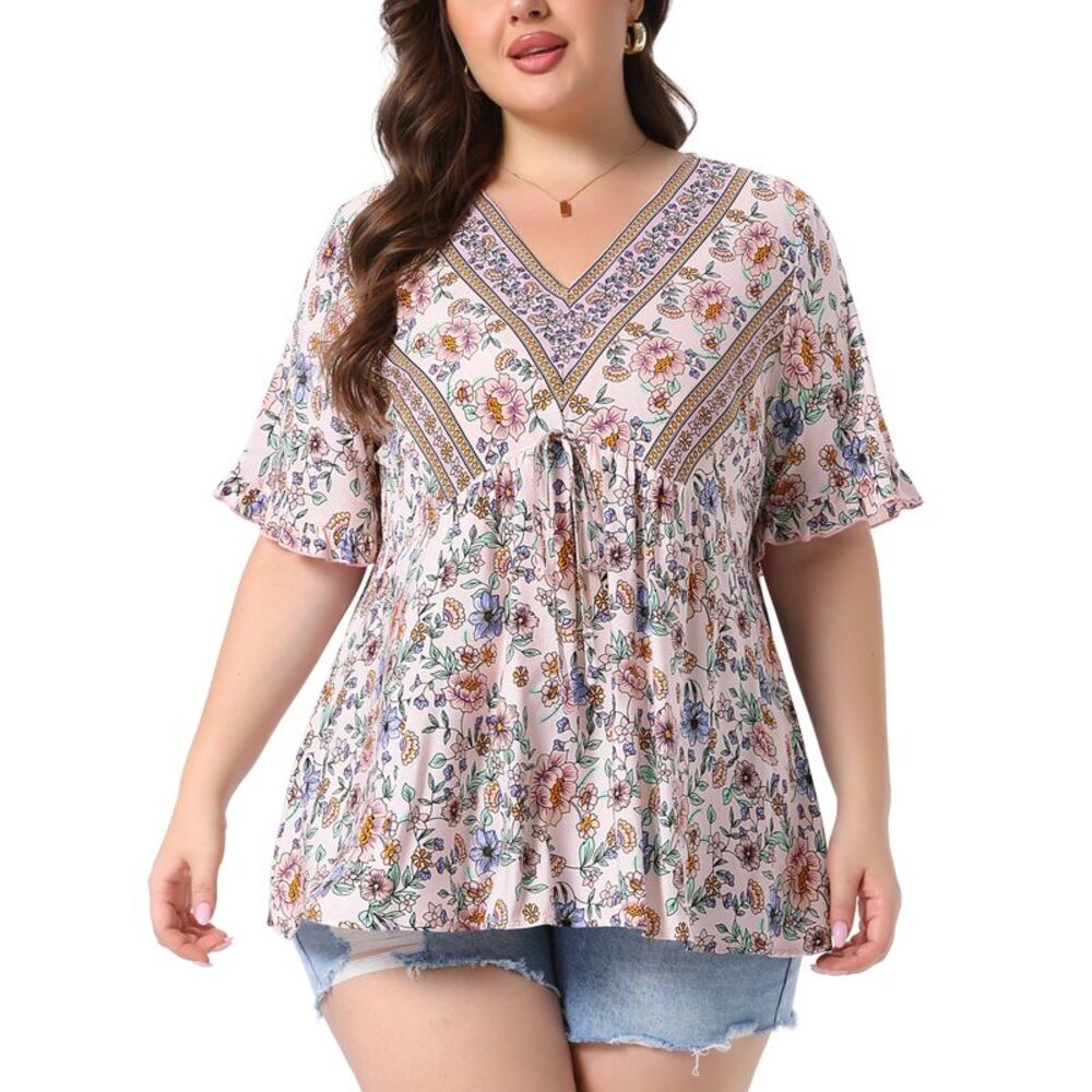 Women Plus Size V Neck Floral Loose Boho Blouse Light Pink
